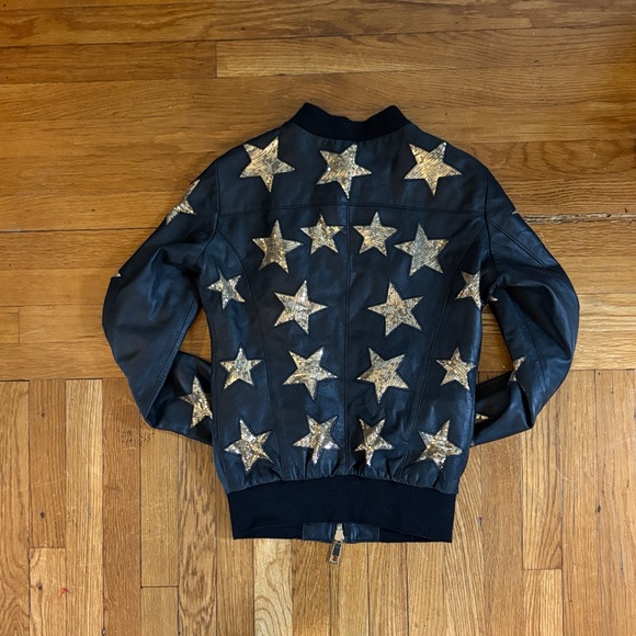 Leather Bomber Jacket with Gold Star Pattern - Picture 3 of 7